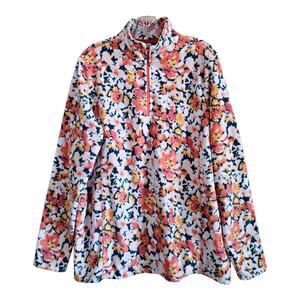 LANDS END Women's Tall L LT Fleece 1/4 Zip Top Floral Orange Green Soft 42"